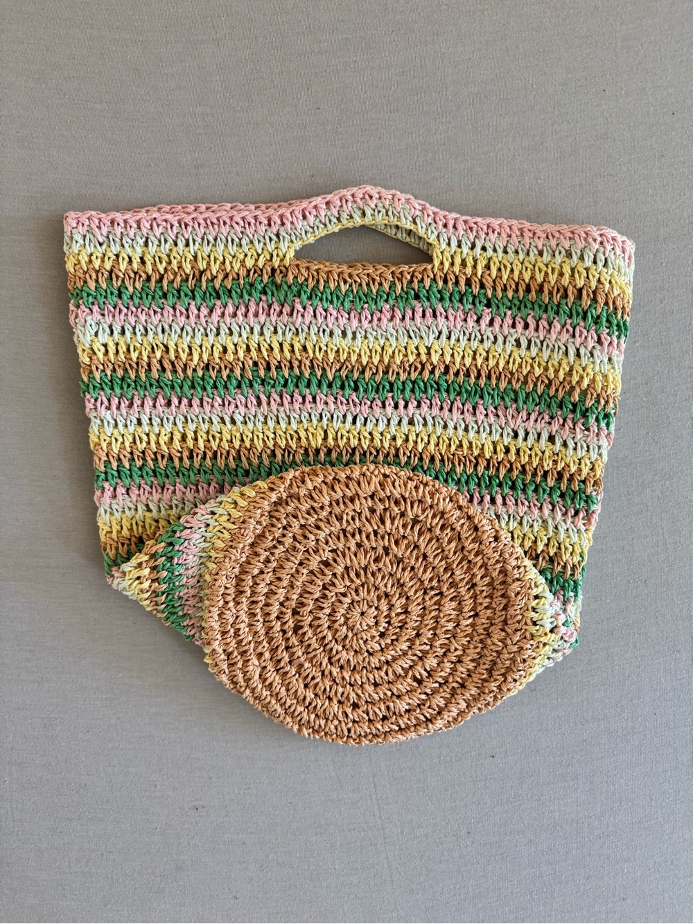 Billabong Raffia Bucket Tote in Pink, Green & Tan